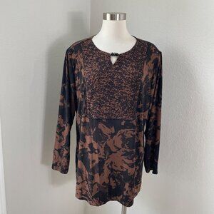 Susan Graver Womens Plus 1X Brown Black Floral Long Sleeve Tunic Top Stretch